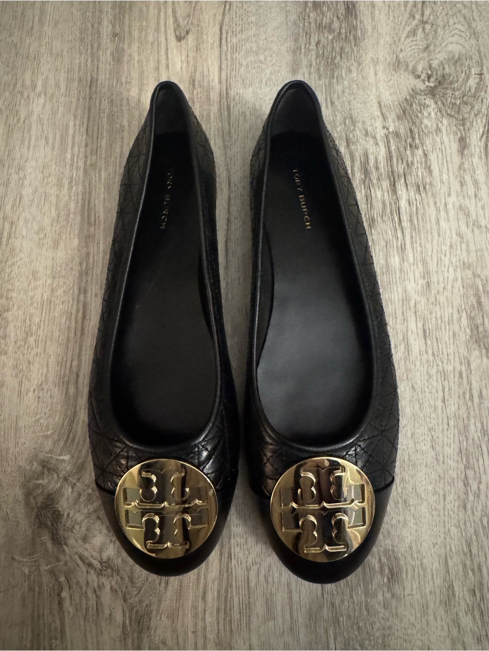 Tory Burch Black Quilted Ballet Flats with Gold Logo Disc